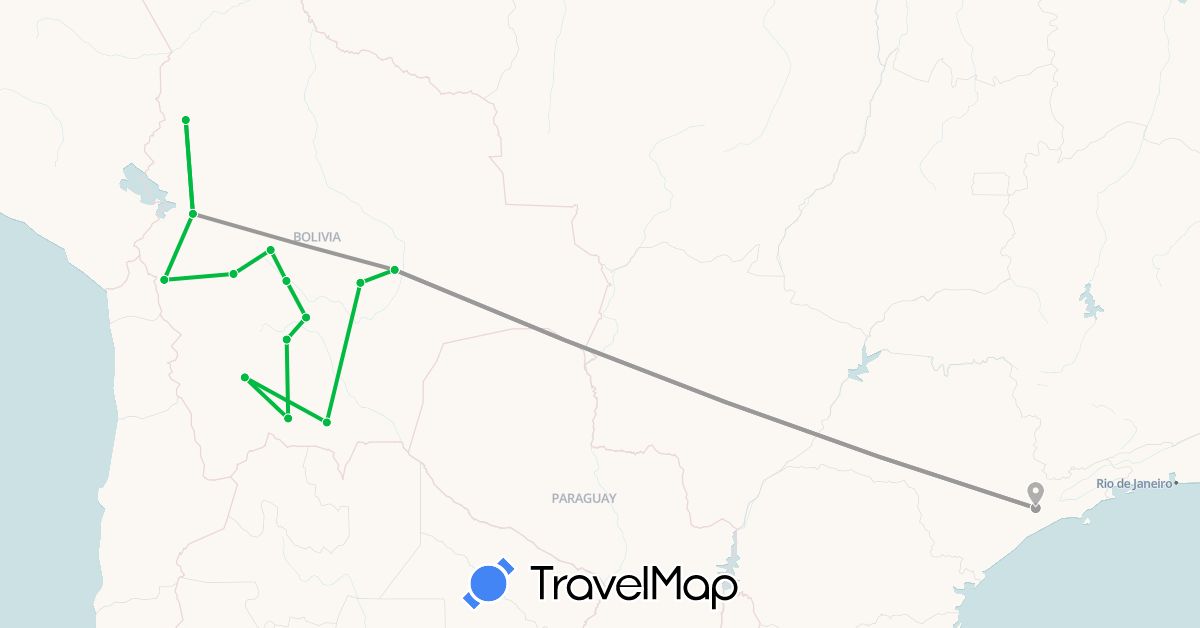 TravelMap itinerary: bus, plane in Bolivia, Brazil (South America)